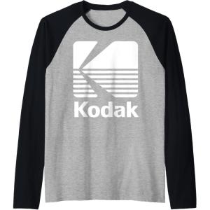 image80s Vintage Kodak Logo  White Raglan Baseball TeeBlackAthletic Heather