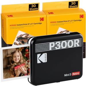 imageKODAK Mini 3 Retro 4PASS Portable Photo Printer 3x3 inches Initial 8 Sheets  30 Sheets  Gift Bundle WhiteBlack